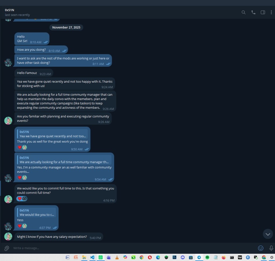 0xS1N offering a full-time community manager role and discussing salary